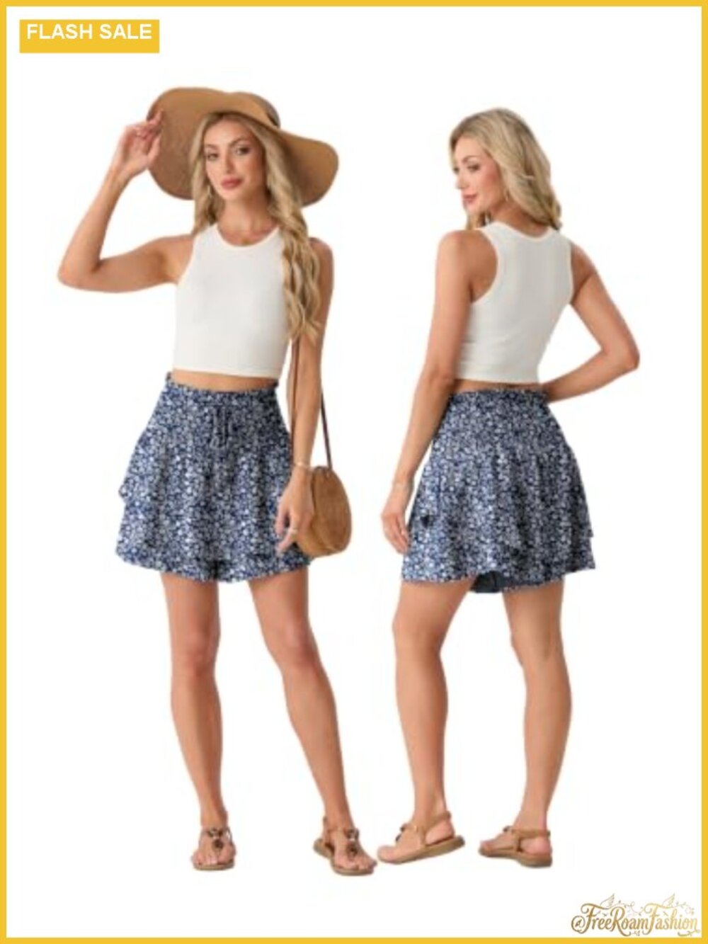 Women's Flowy Ruffle Skort with Pockets Smocked Waist A-Line - Picture 4 of 5
